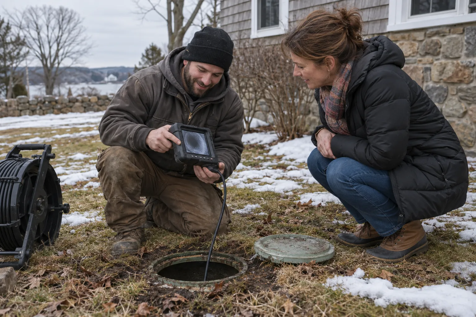 A friendly local plumbing provider showing a homeowner a camera inspection screen near a house in the Newton area
